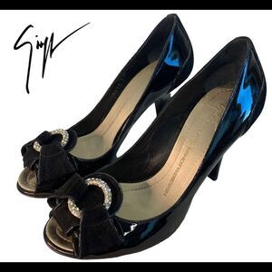 GIUSEPPE Zanotti Black patent crystal rhinestone velvet formal evening high heel